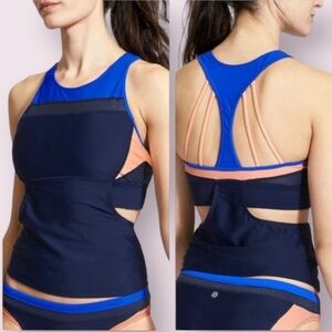 Athleta Tri-ssential Loose Tankini, Color Blocked in Blue, Black and Peach